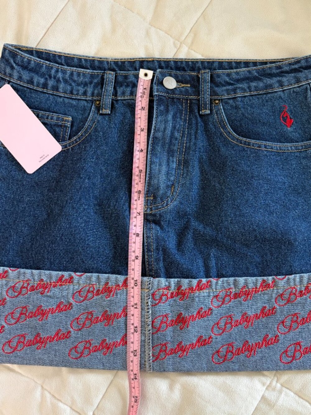 NEW Baby Phat Denim Skirt Y2K Inspo Red Embroidered Logo Hem Cat McBling Medium - Picture 7 of 10